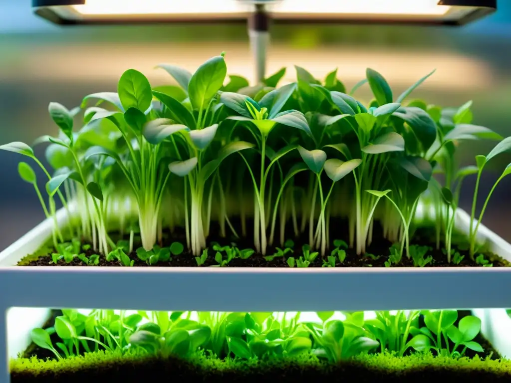 Detalle ultranítido del cultivo de microgreens en acuaponía, muestra red de agua nutriente entre exuberantes plantas