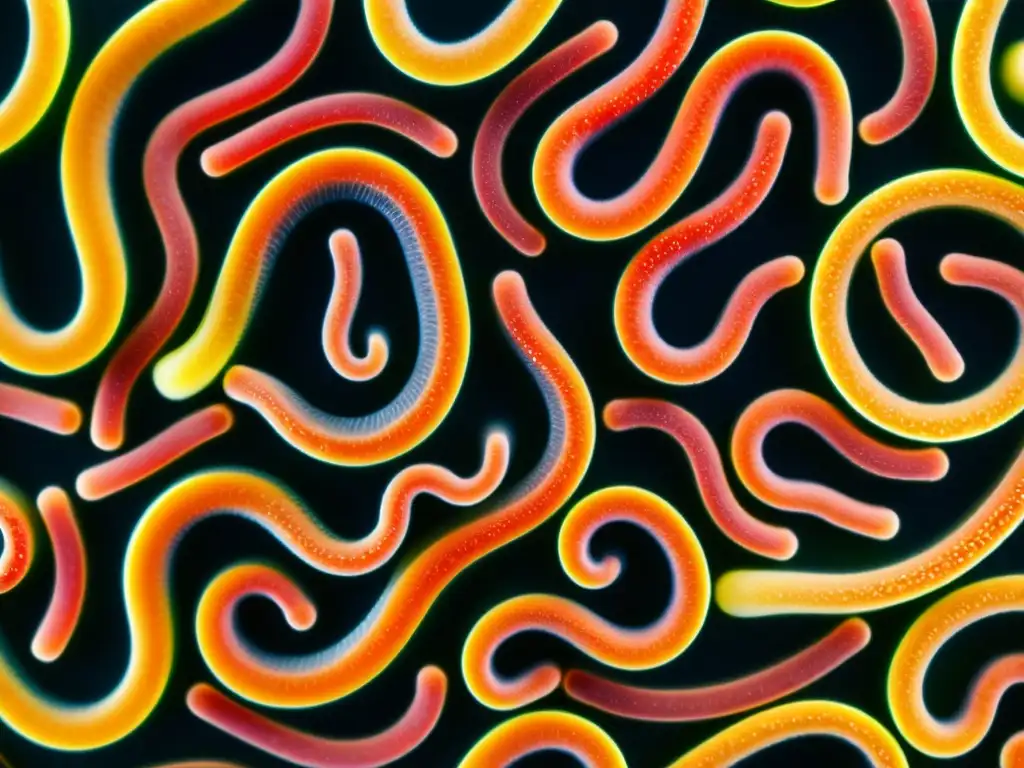 Detalle ultrarrealista de nematodos urbanos bajo microscopio, evocando precisión científica