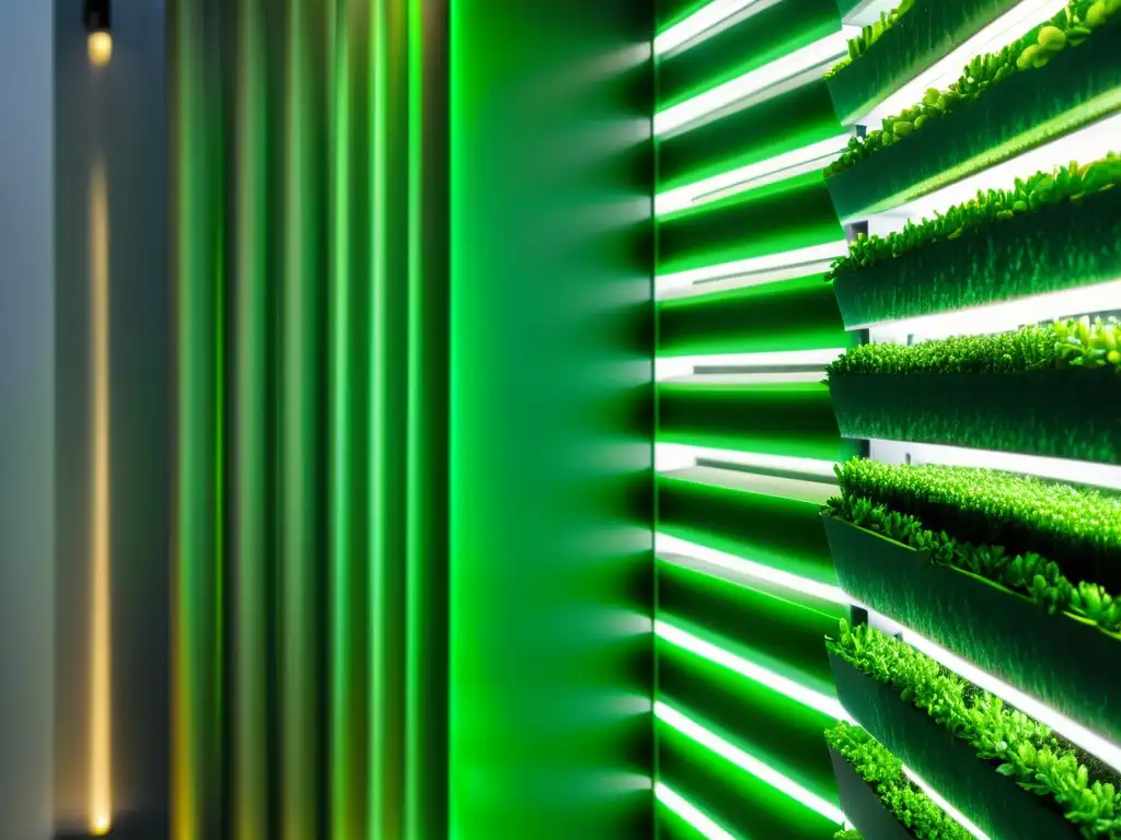 Detalle vibrante de espirulina verde en huerto vertical, con luces LED suaves