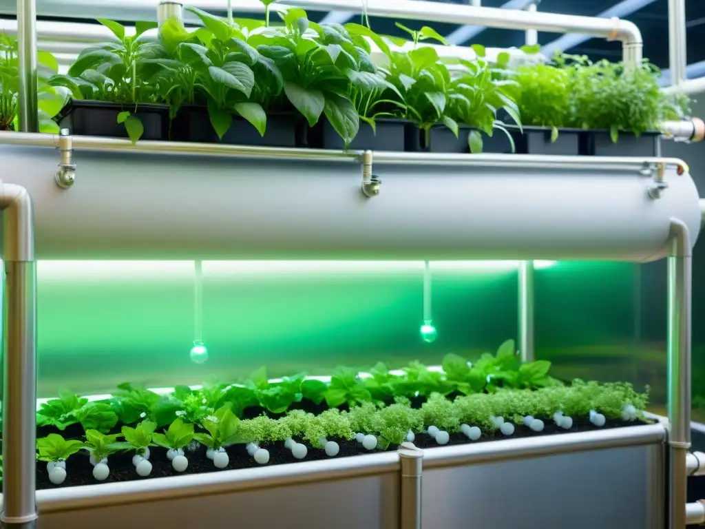 Detalles fascinantes de fermentación en cultivos acuaponía, con plantas verdes vibrantes y luces LED especializadas