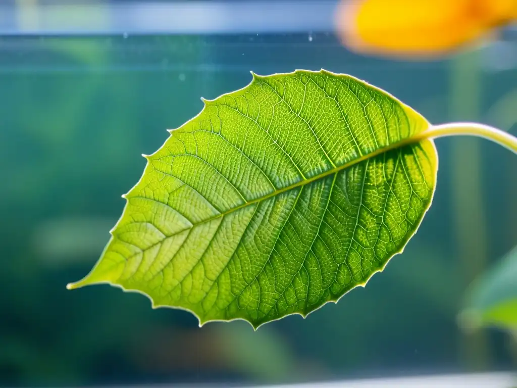 Detalles de hoja en acuaponía urbana con falta de nutrientes, resaltando la importancia del mantenimiento