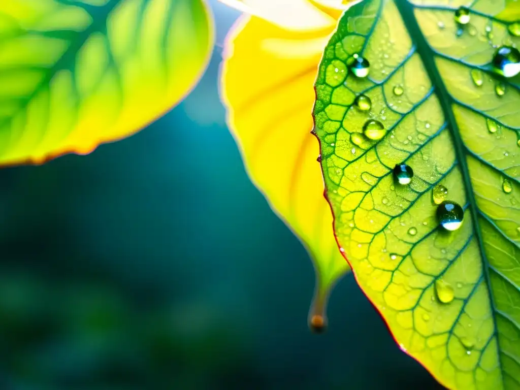 Detalles de hojas acuapónicas con gotas de agua, reflejando luces de cultivo