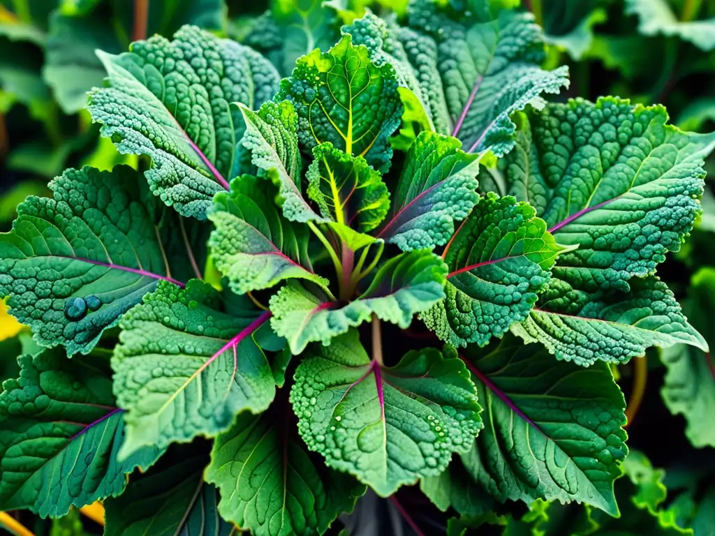 Detalles de hojas de kale verdes con gotas de agua, resaltando la vitalidad natural