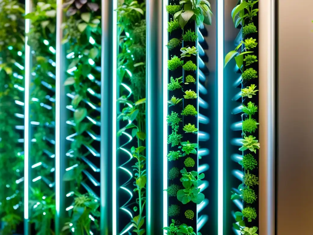 Detalles de un huerto urbano vertical con automatización, luces LED y plantas exuberantes