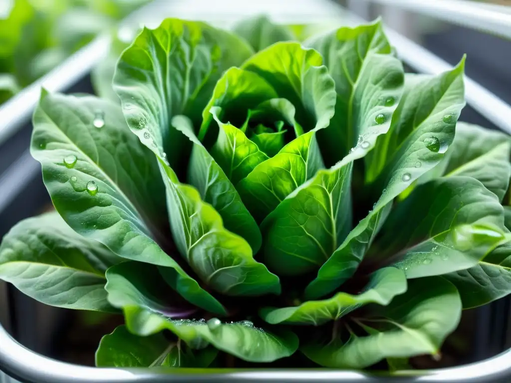 Detalles de lechuga verde en acuaponía, raíces visibles a través del agua transparente