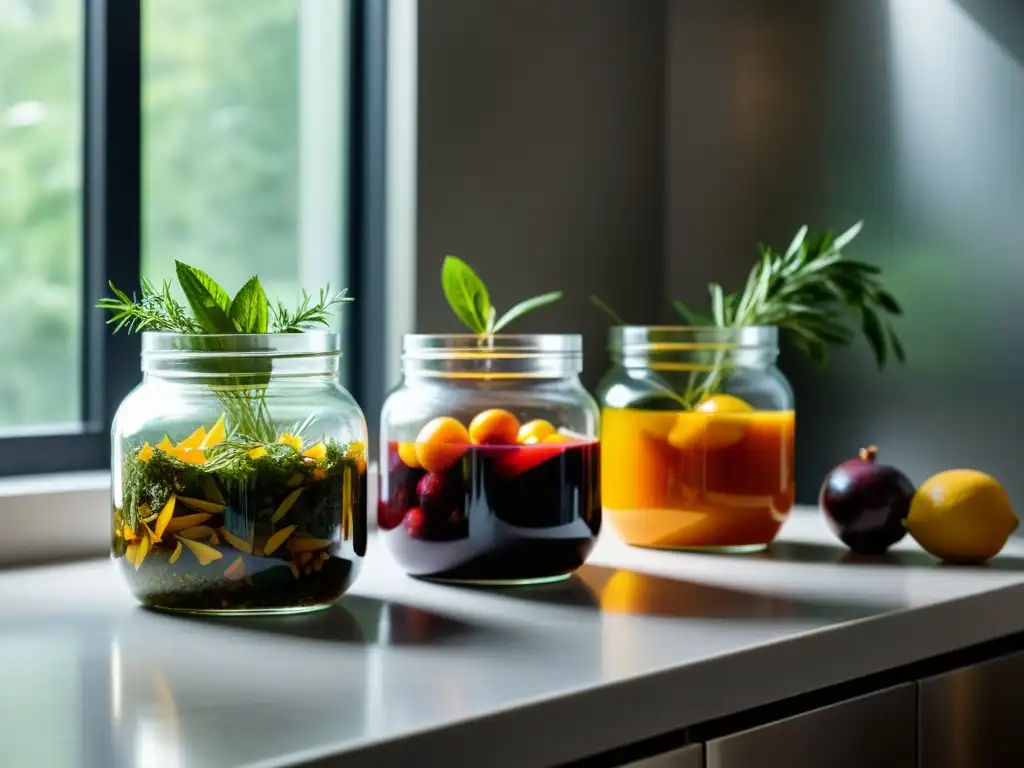 Detalles vibrantes de una cocina moderna con vinagres artesanales con restos urbanos en fermentación, resaltados por la luz natural