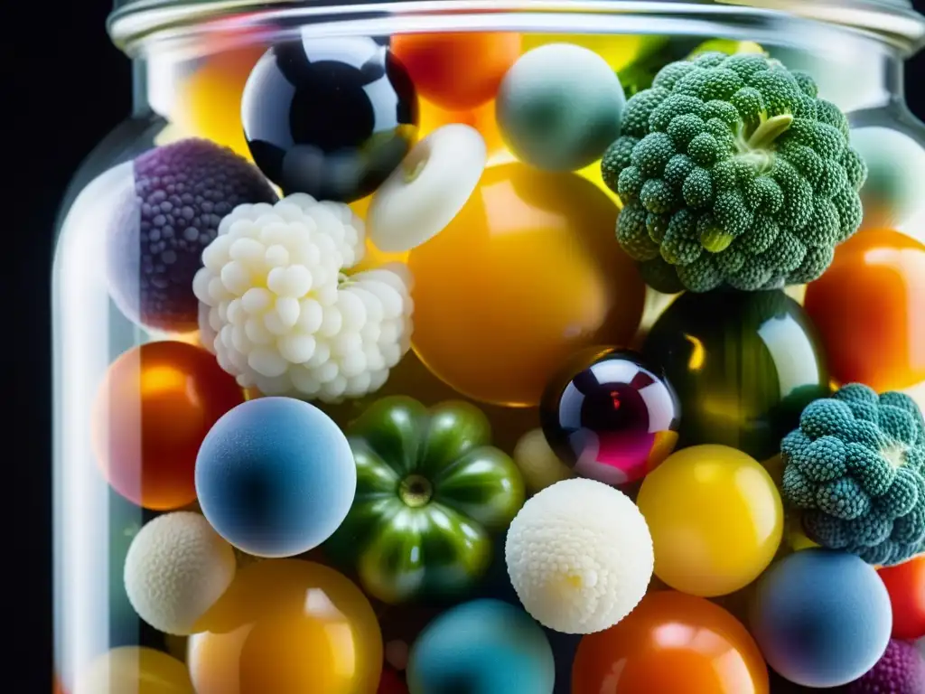 Detalles vibrantes de fermentación en la cocina urbana: burbujas y colores en un tarro de vidrio con vegetales fermentados