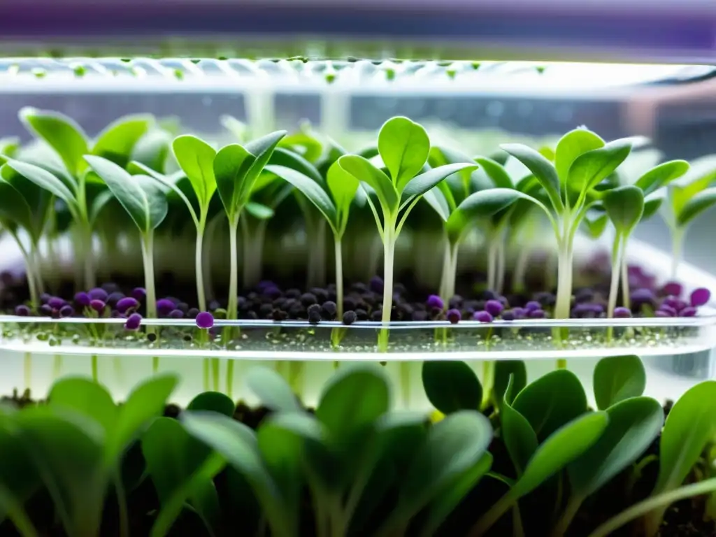 Detalles vibrantes de cultivo de microgreens en acuaponía: hojas delicadamente venosas con gotas de agua, raíces visibles en agua clara