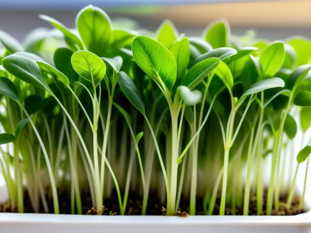 Detalles vibrantes de microgreens en acuaponía, con raíces delicadas y hojas perfectamente formadas en un sistema cristalino y vital