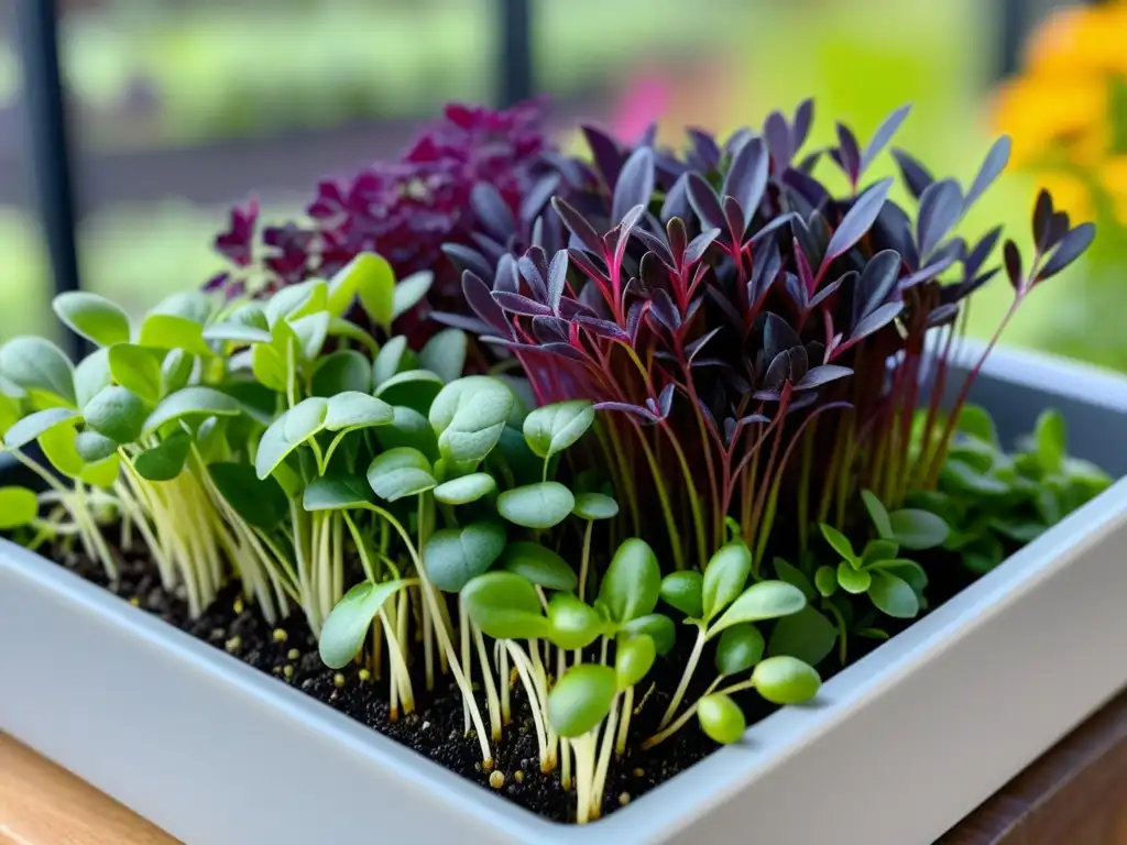 Detalles vibrantes de microgreens en un jardín urbano, mostrando su belleza y beneficios nutricionales en espacios limitados