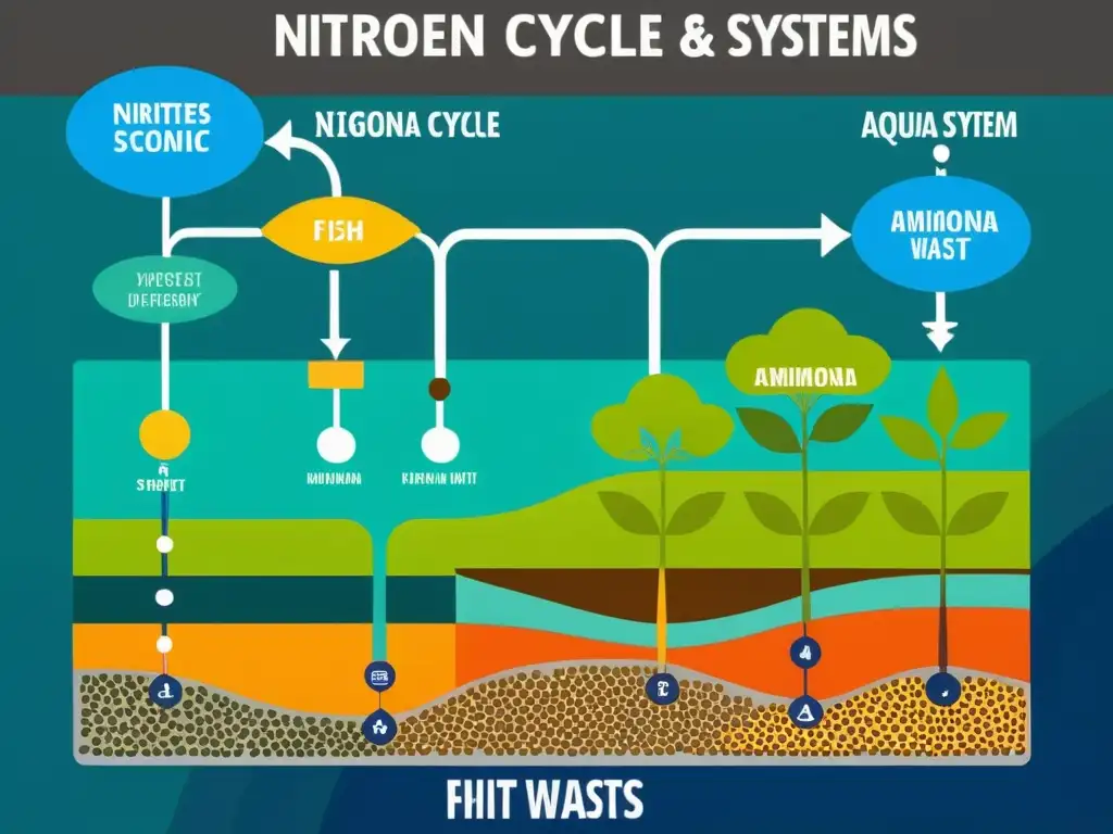 Diagrama vibrante del ciclo del nitrógeno en acuaponía, destacando componentes esenciales