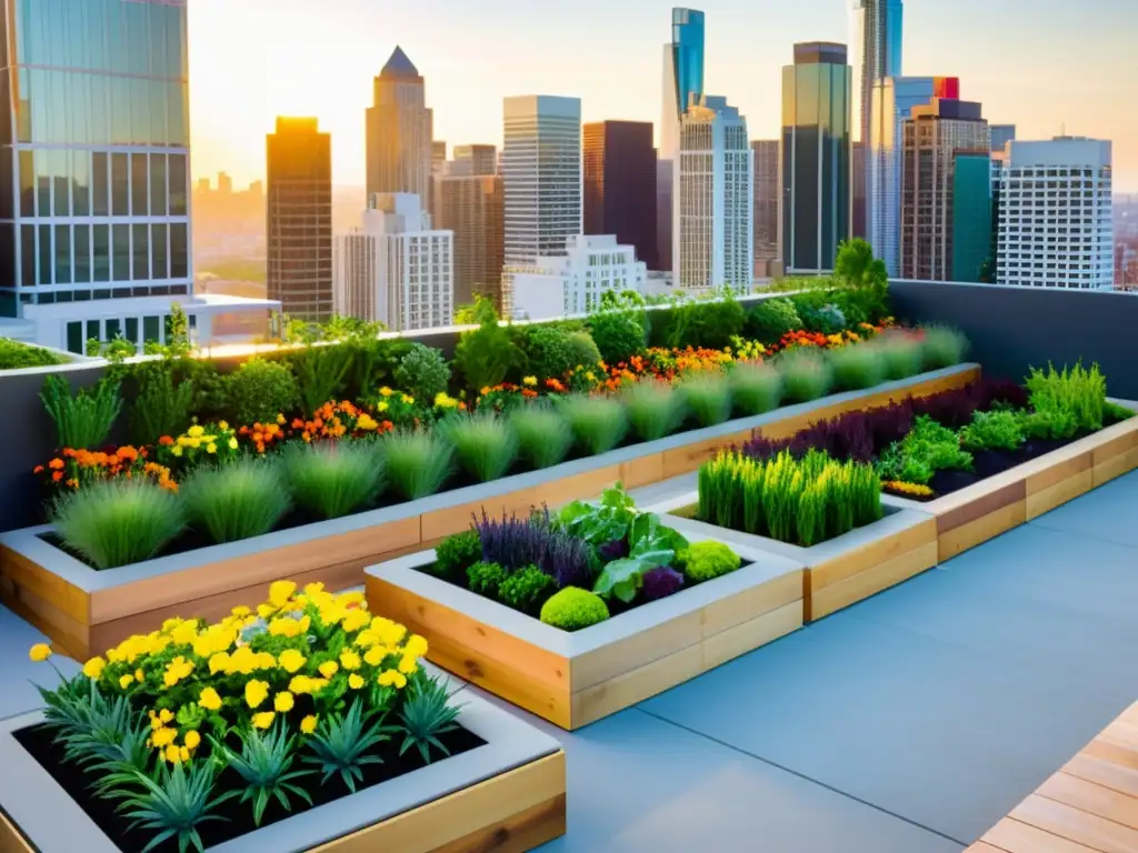 Jardín urbano vibrante: oasis de vegetales y flores en la azotea Diseño estético de huerto urbano en azotea con vegetales y flores coloridos, integrando naturaleza y vida urbana
