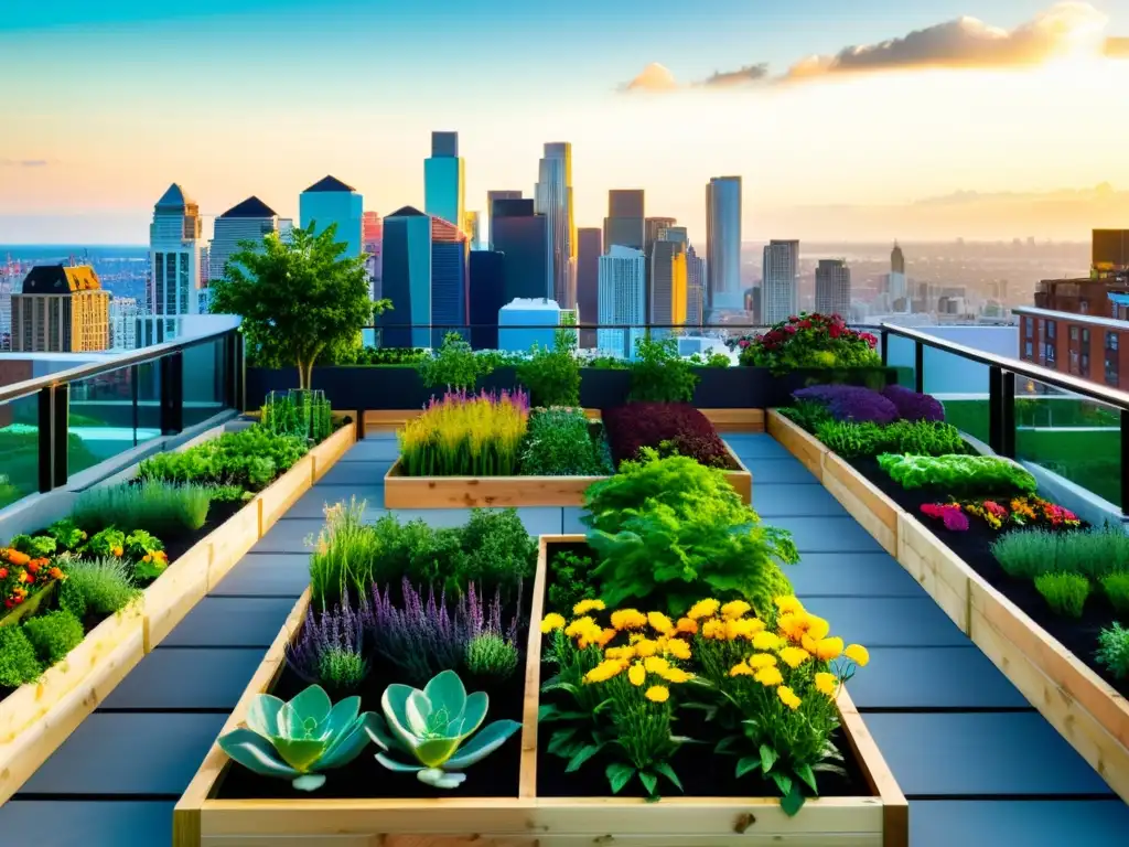 Jardín urbano en la azotea: verduras, hierbas y flores Diseño estético en huertos urbanos en techos con vegetales y hierbas coloridas, rodeado de flores vibrantes y un paisaje urbano panorámico