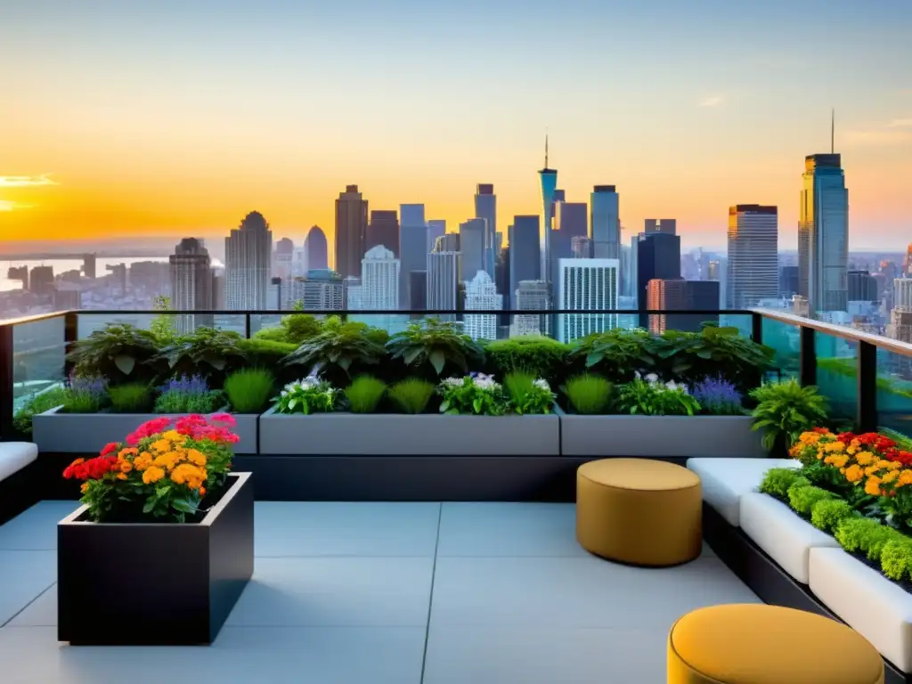 Jardín urbano en la azotea: oasis de tranquilidad y sofisticación Diseño estético de huertos urbanos en techos, jardín urbano en la azotea con plantas vibrantes, flores coloridas y mobiliario contemporáneo