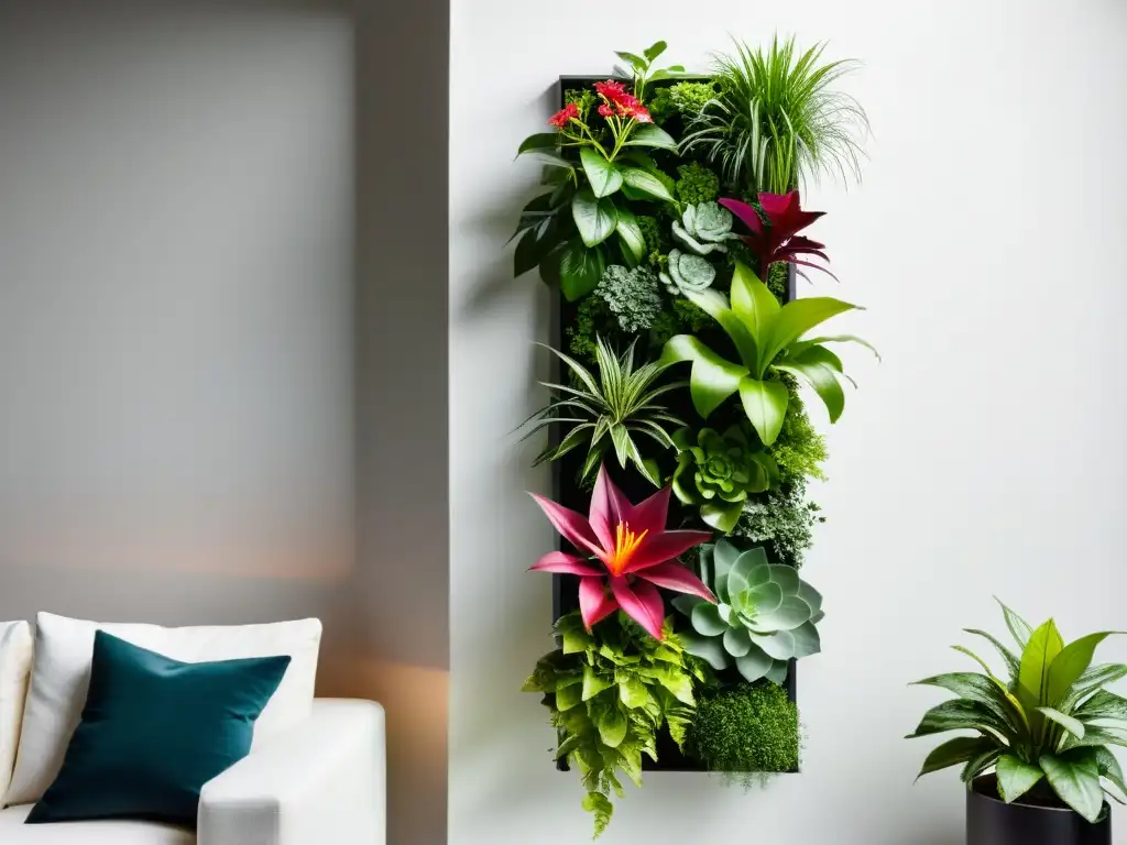 Diseño de huertos verticales en casa: Un jardín vertical moderno y vibrante con plantas exuberantes en patrón geométrico, contra fondo blanco