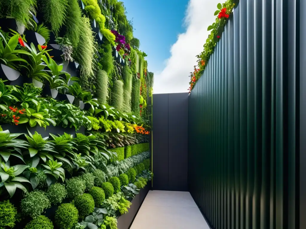 Diseño de huertos verticales para climas extremos: Jardín vertical moderno con plantas exuberantes y avanzados sistemas de irrigación