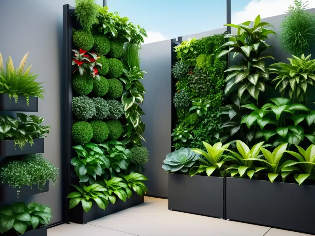 Diseño de huertos verticales modulares con plantas exuberantes en sistema moderno y elegante