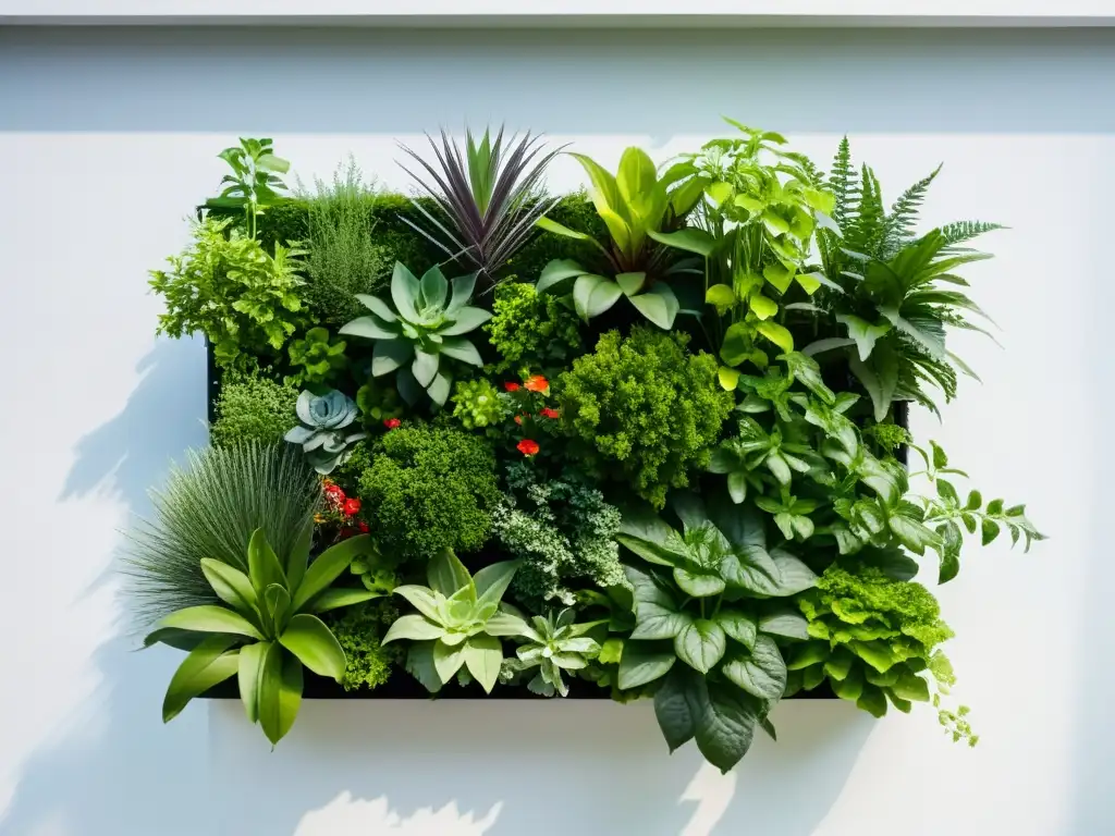 Diseño de huertos verticales modulares con plantas verdes vibrantes en pared blanca, innovador y natural