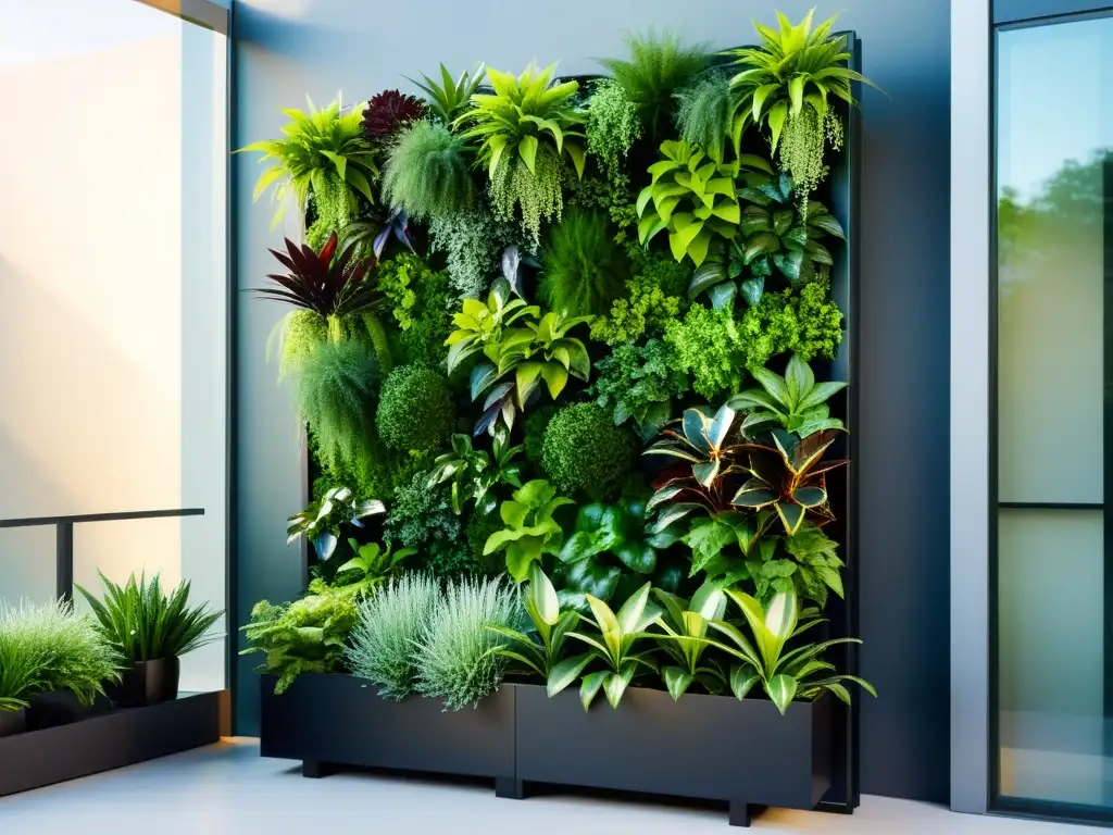 Diseño de huertos verticales modulares: Jardín vertical con plantas exuberantes y estructura metálica elegante