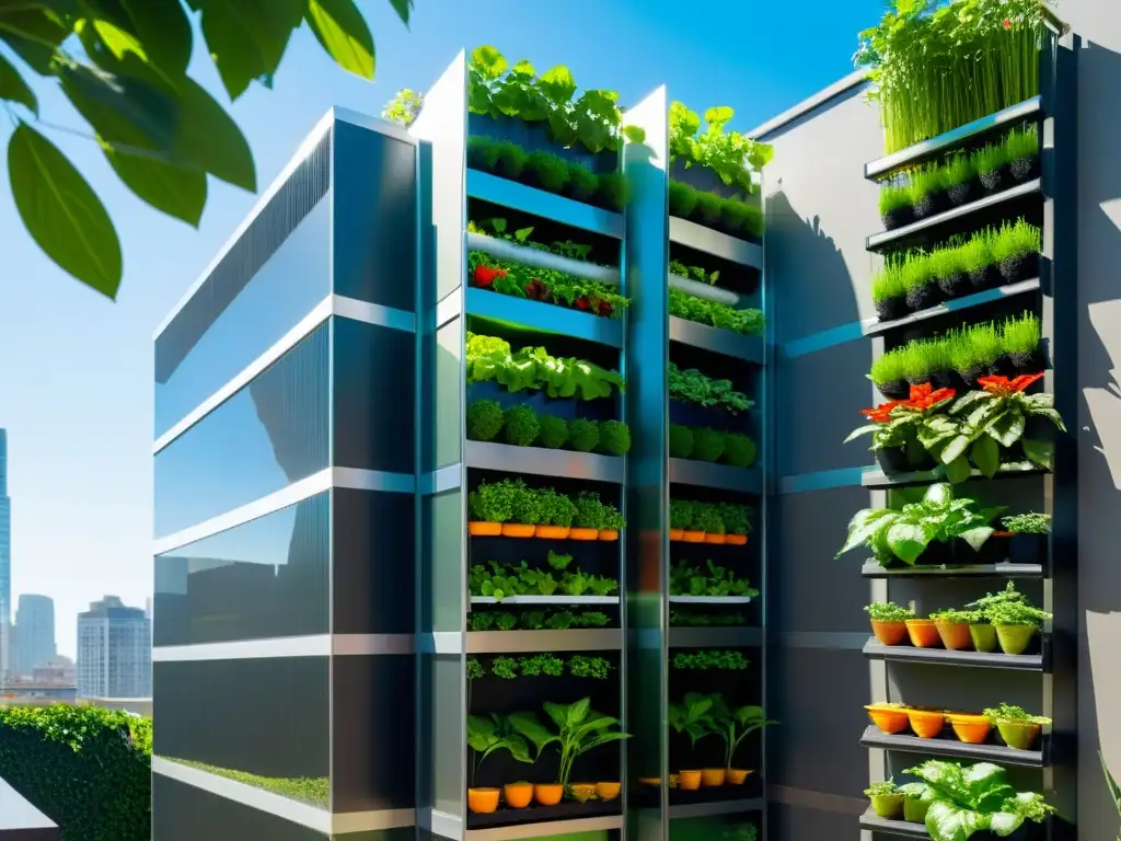 Diseño de huertos verticales acuaponía urbana: oasis urbano con vegetación exuberante en un edificio moderno