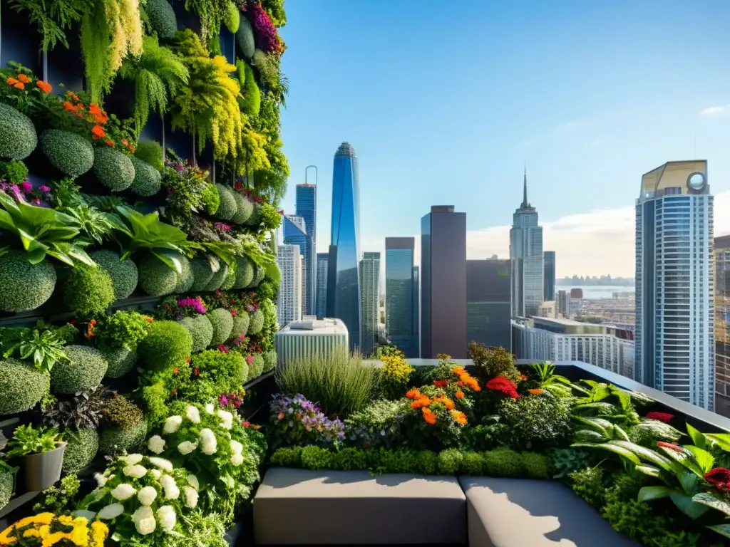 Diseño de huertos verticales urbanos: Impresionante jardín vertical urbano con plantas exuberantes y flores vibrantes, bañado en luz natural