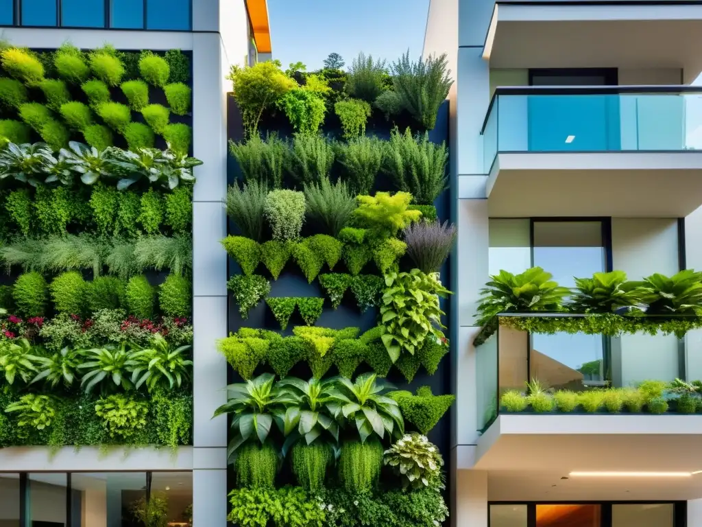 Diseño de huertos verticales urbanos: Un jardín vertical moderno y exuberante en la ciudad