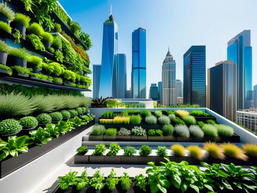 Diseño de huertos verticales urbanos: Jardín vertical moderno con plantas vibrantes y skyline urbano al fondo