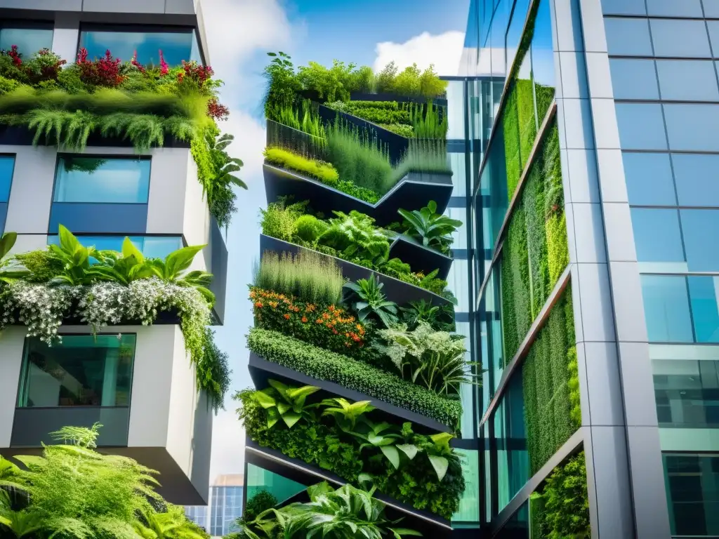 Diseño de huertos verticales urbanos: Una impresionante pared vegetal moderna en un edificio de alta tecnología en la ciudad