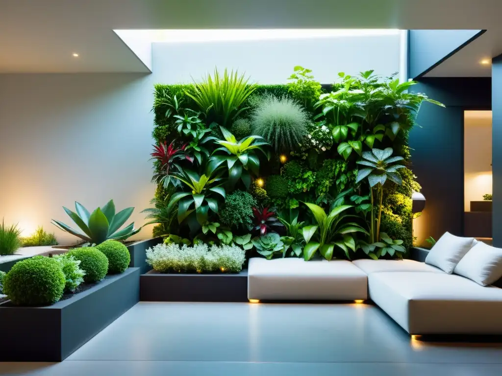 Diseño de huertos verticales en casa: Jardín vertical con plantas exuberantes en un entorno contemporáneo y sereno