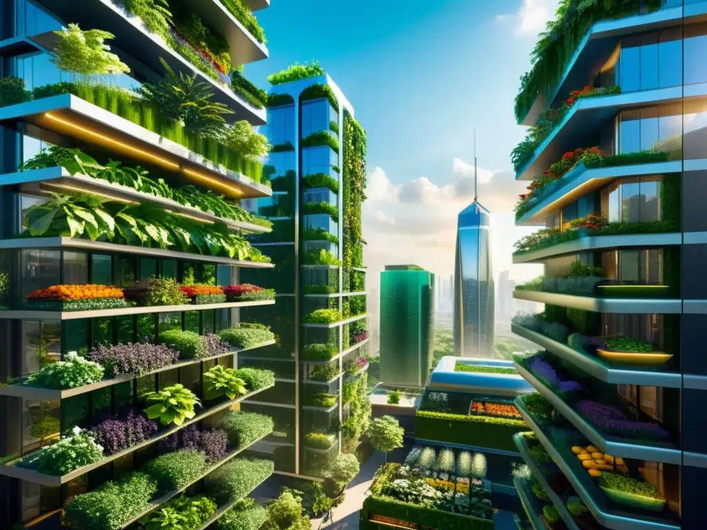 Diseño urbano con huertos verticales tendencias: paisaje futurista de rascacielos con jardines verticales rebosantes de vegetación vibrante