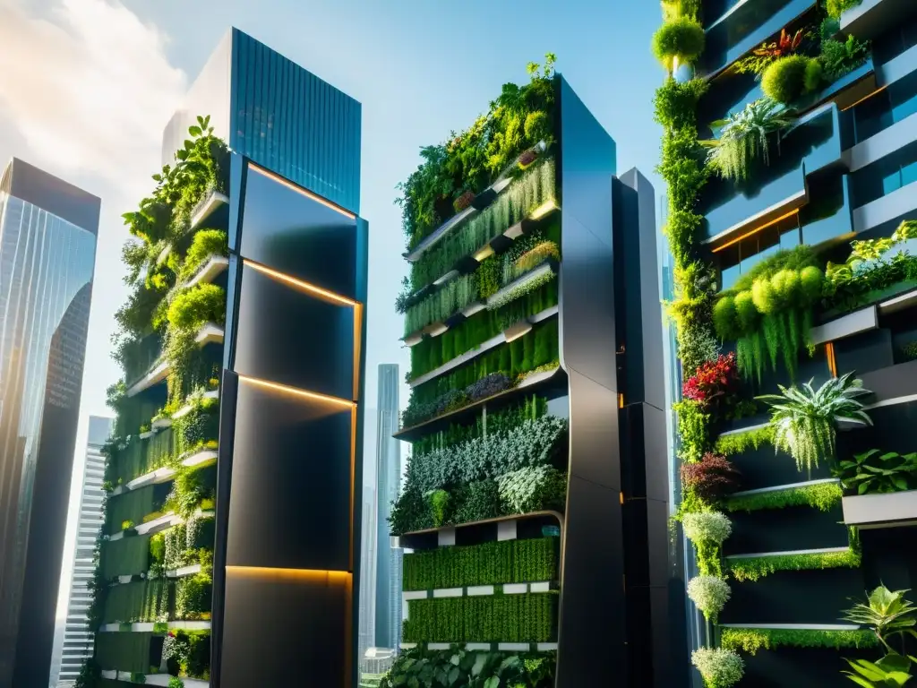 Diseño urbano con huertos verticales en una ciudad futurista llena de rascacielos y vegetación, reflejando innovación y armonía