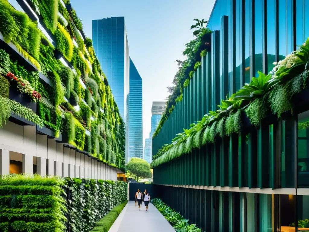 Diseño urbano integrando naturaleza: Calles de la ciudad bulliciosas con rascacielos modernos cubiertos de exuberante vegetación, creando un efecto de jardín vertical impresionante