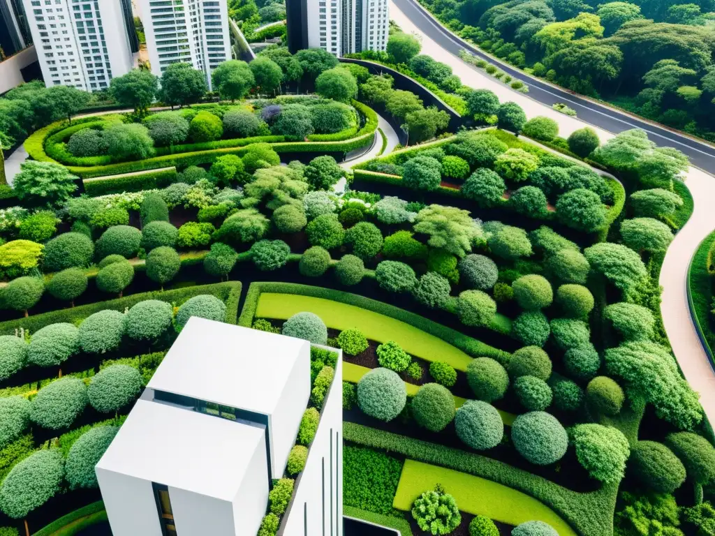 Diseño urbano integrando naturaleza: impresionante integración de espacios verdes y arquitectura urbana moderna en una ciudad vibrante y sostenible