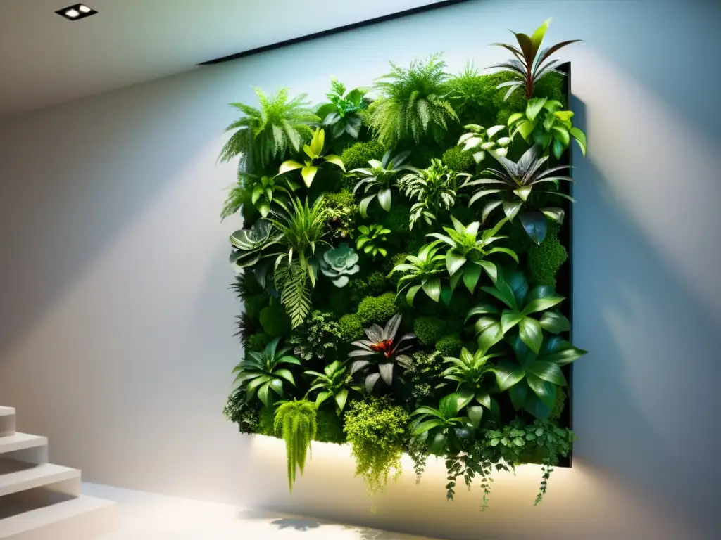 Diseño de jardines verticales interiores con estructura metálica y exuberante vegetación en un elegante interior contemporáneo