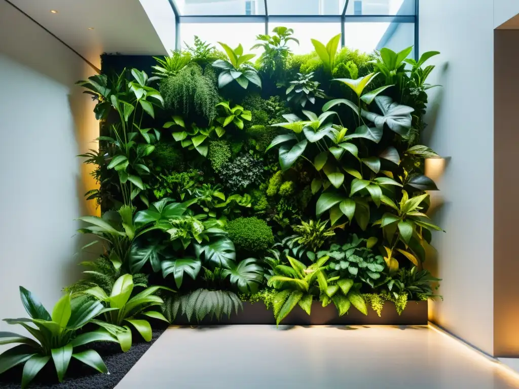 Diseño de jardines verticales interiores: exuberante vegetación en un elegante jardín vertical, fusionando naturaleza y modernidad