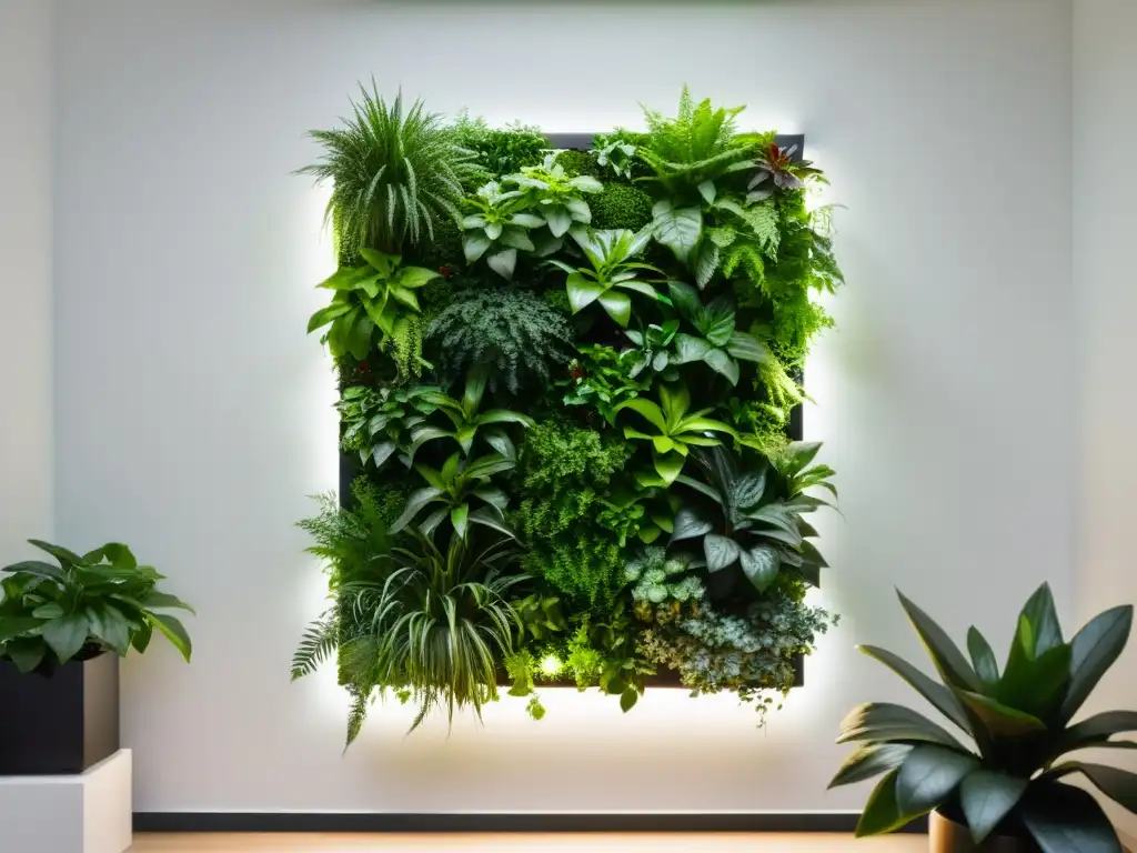 Diseño de jardines verticales interiores: Moderno jardín vertical interior iluminado con luces LED, creando un ambiente sereno y acogedor