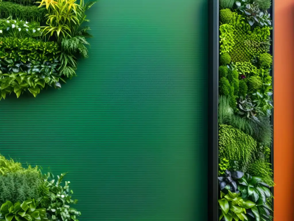 Diseños creativos huertos verticales urbanos: un jardín vertical innovador y vibrante, con plantas verdes en un diseño visualmente impactante