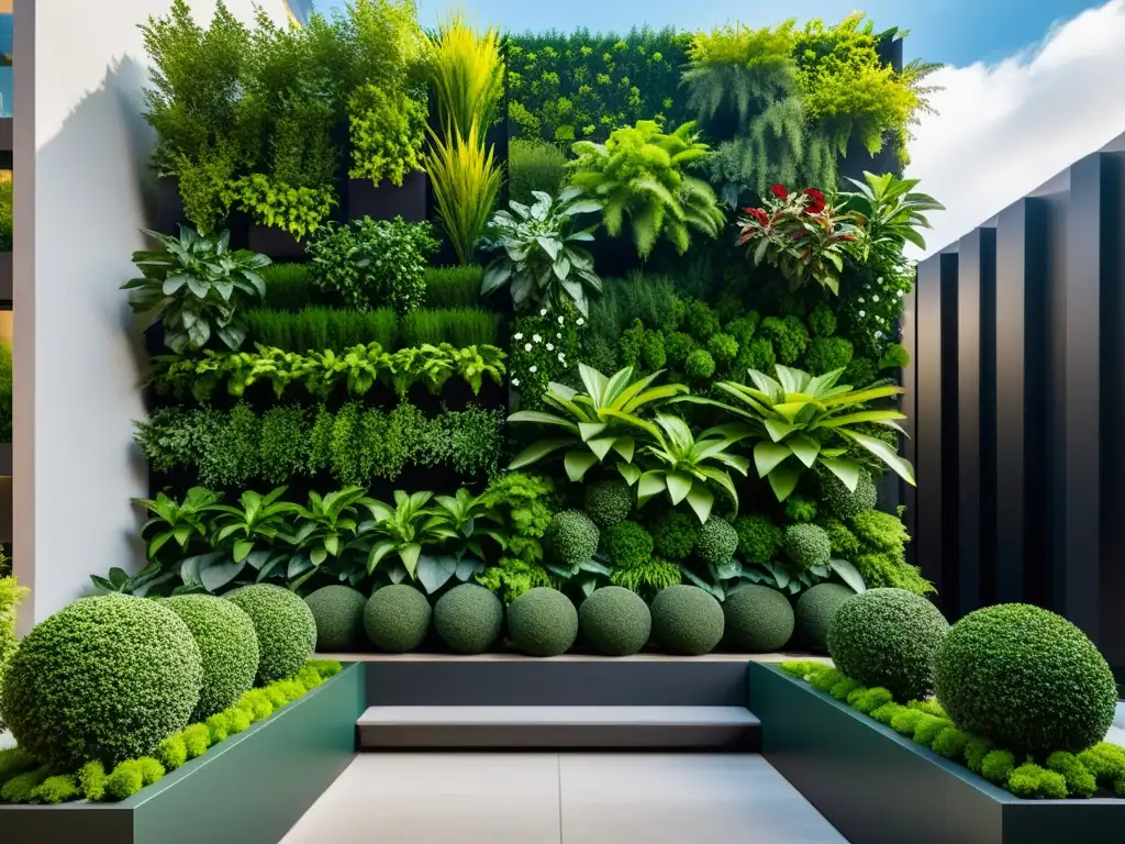 Diseños creativos huertos verticales urbanos en un jardín vertical moderno y elegante en entorno urbano con plantas exuberantes en patrón geométrico