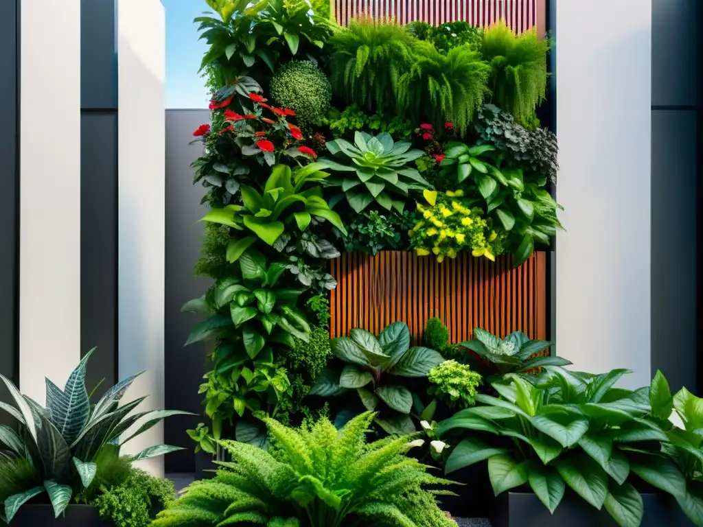 Diseños creativos huertos verticales urbanos: Jardín vertical moderno con plantas exuberantes en instalación urbana elegante y geométrica