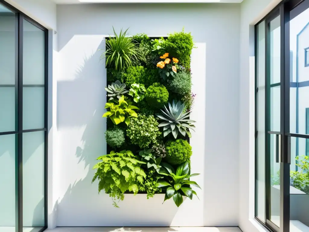 Diseños de huertos verticales urbanos: Un jardín vertical moderno y elegante, con plantas exuberantes en un patrón geométrico contra una pared blanca