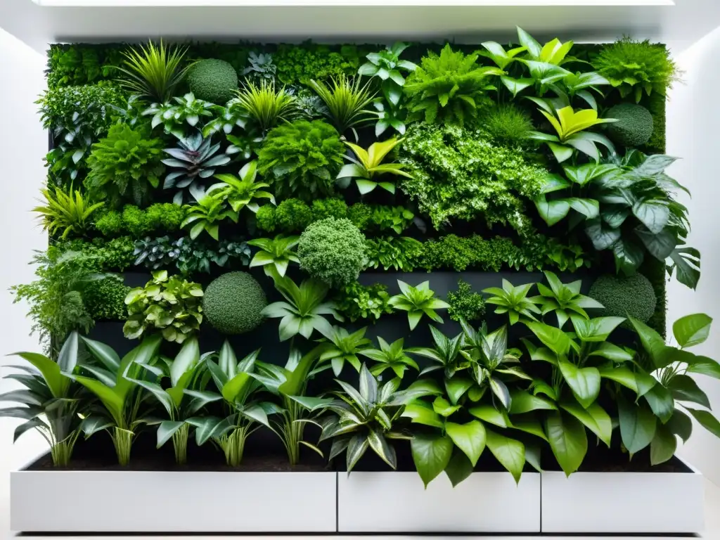 Diseños de huertos verticales urbanos: Un jardín vertical moderno y elegante con plantas verdes vibrantes en patrones geométricos, contrastando con un fondo blanco limpio