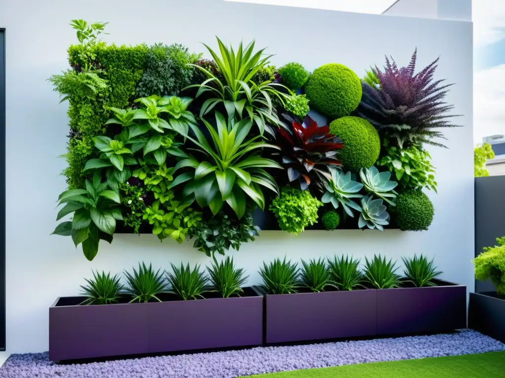 Diseños de huertos verticales urbanos en un jardín vertical moderno con plantas verdes y moradas en macetas metálicas contra una pared blanca