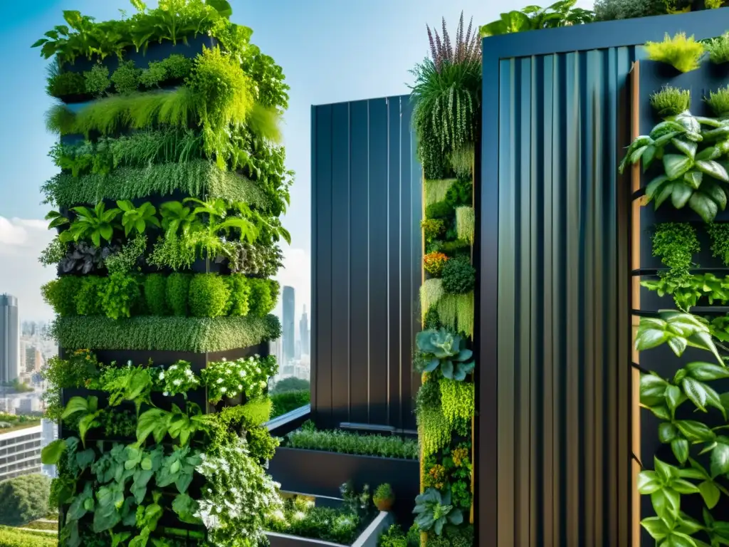 Diseños de huertos verticales urbanos: un jardín urbano moderno y exuberante en un rascacielos, bañado por la luz natural y la ciudad al fondo