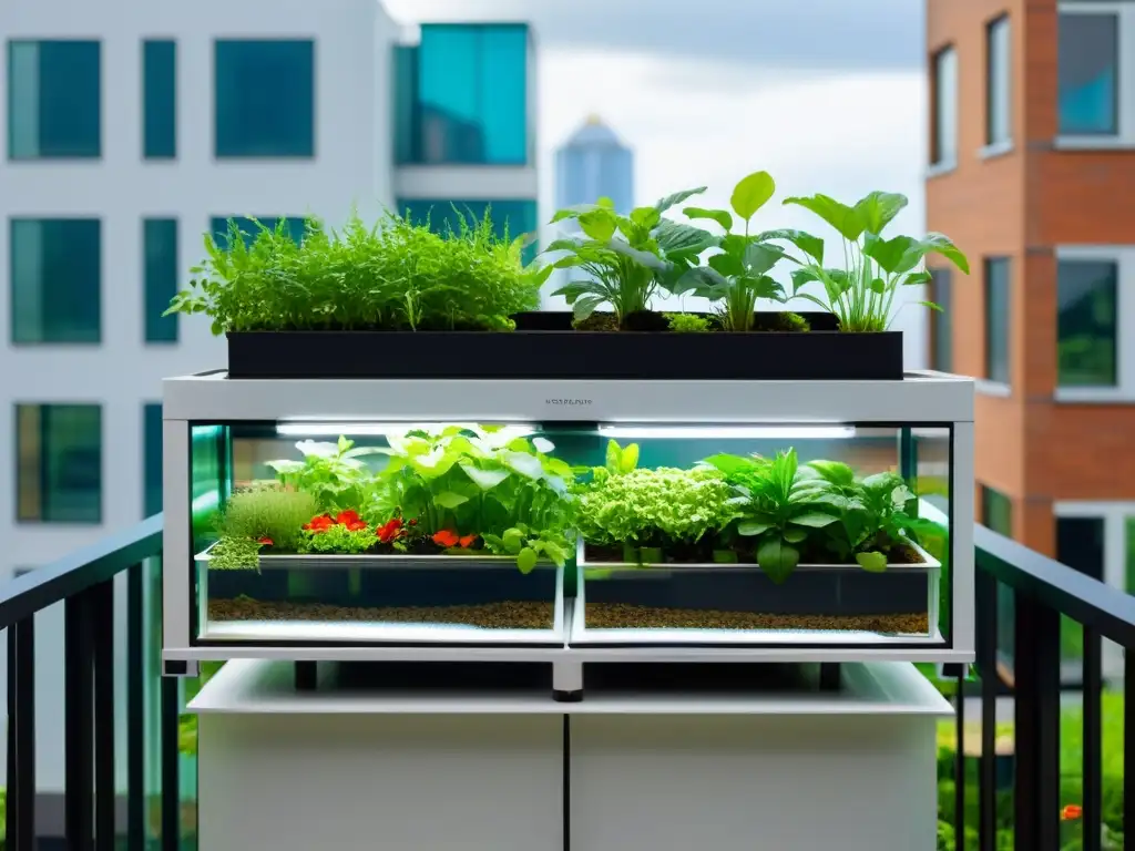 Diseños de acuaponía a pequeña escala en un balcón urbano, con plantas exuberantes y un elegante sistema de filtración de agua