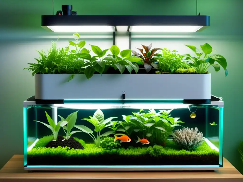 Diseños de acuaponía a pequeña escala en balcones y patios, con tanques de peces, plantas verdes y sistema de circulación de agua