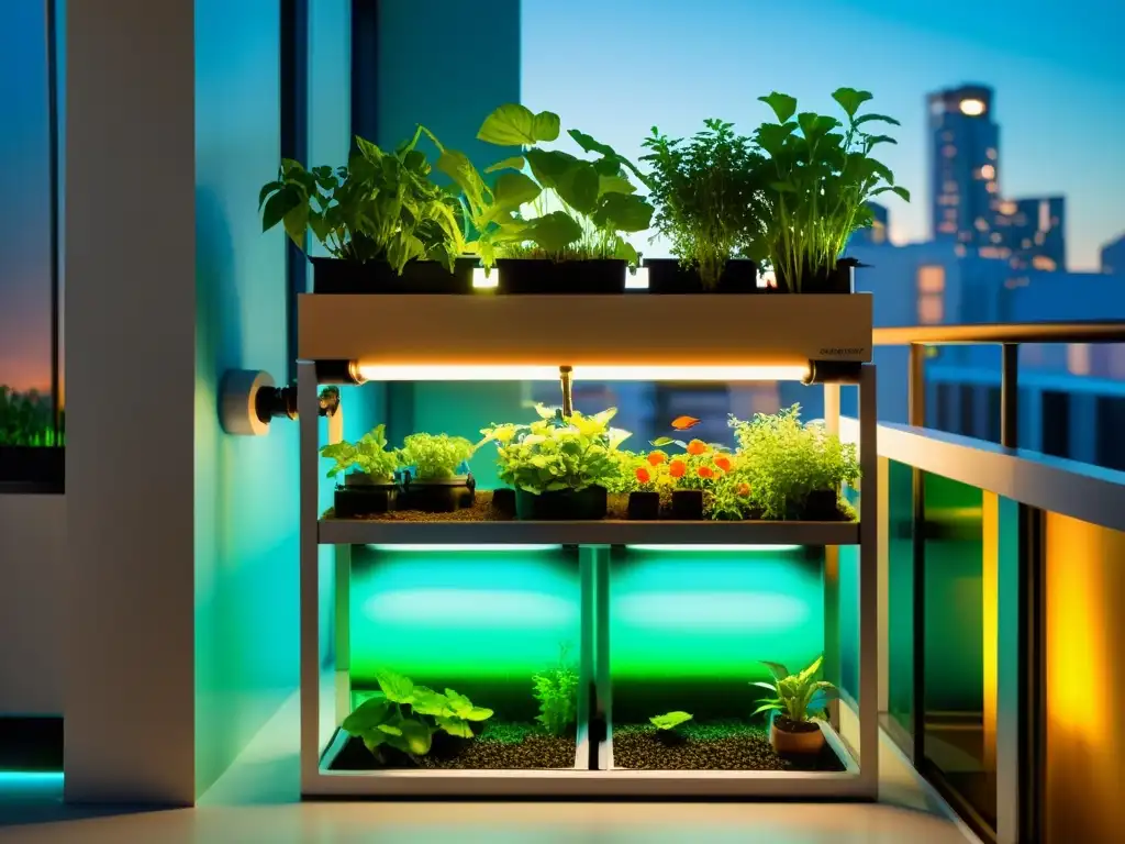 Diseños de acuaponía a pequeña escala con sistema en balcón moderno, plantas exuberantes, pecera con peces coloridos y luz cálida del atardecer