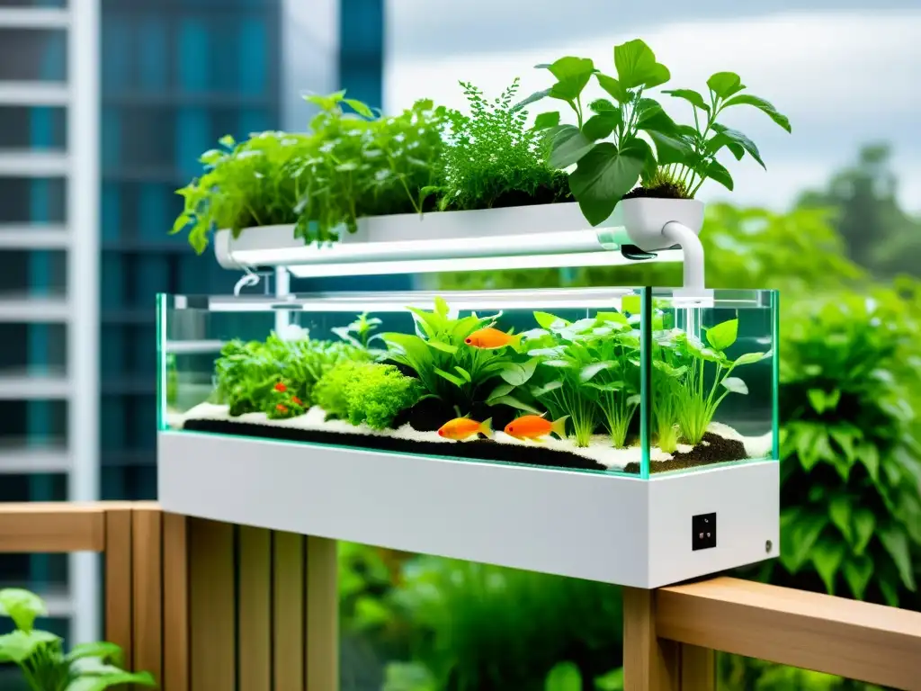 Diseños de acuaponía a pequeña escala con tanques de peces blancos, tuberías transparentes y plantas verdes exuberantes sobre los tanques, fusionando tecnología y naturaleza en un diseño contemporáneo ideal para balcones y patios urbanos