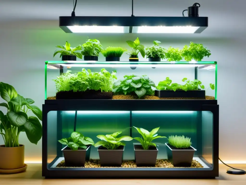 Diseños de acuaponía a pequeña escala en balcón urbano con tanque de peces acrílico, luces LED blancas y vegetales verdes en agua nutritiva