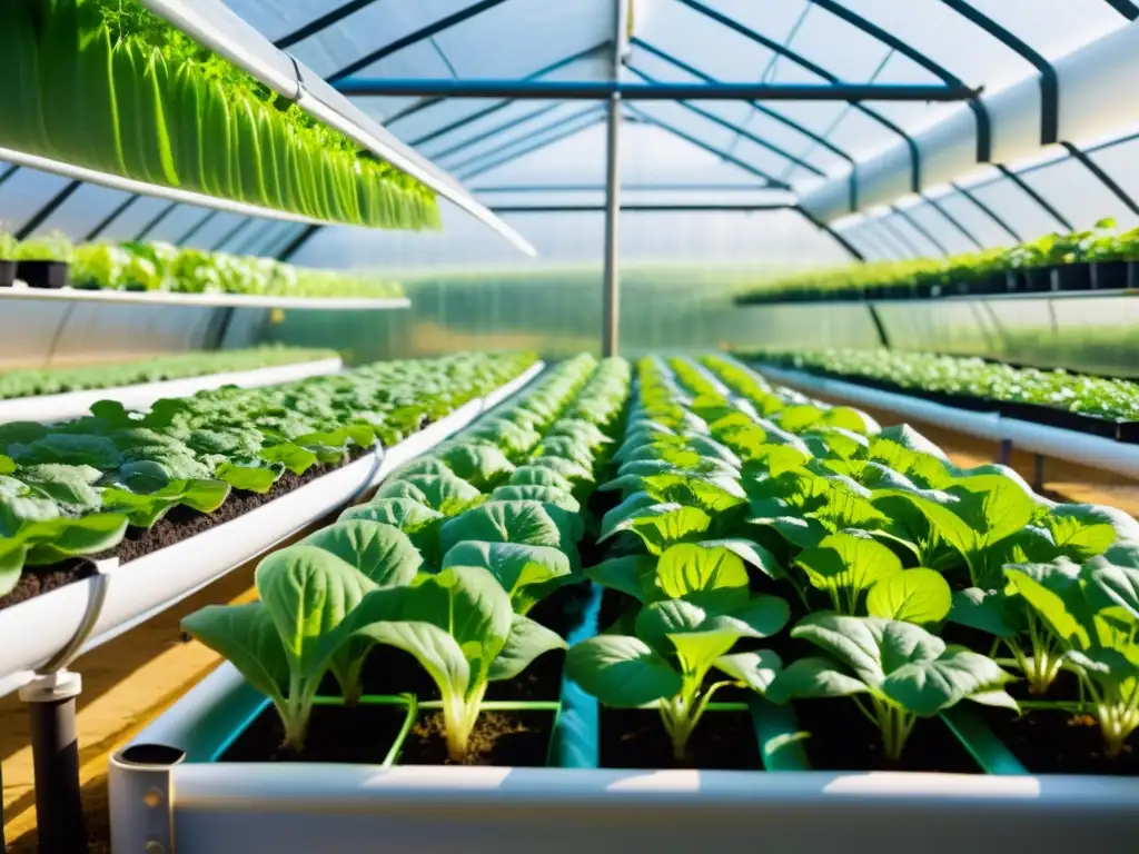 Planificación diversa en cultivos de acuaponía: verduras y hierbas crecen vibrantes en un ambiente simbiótico, bajo luz cálida