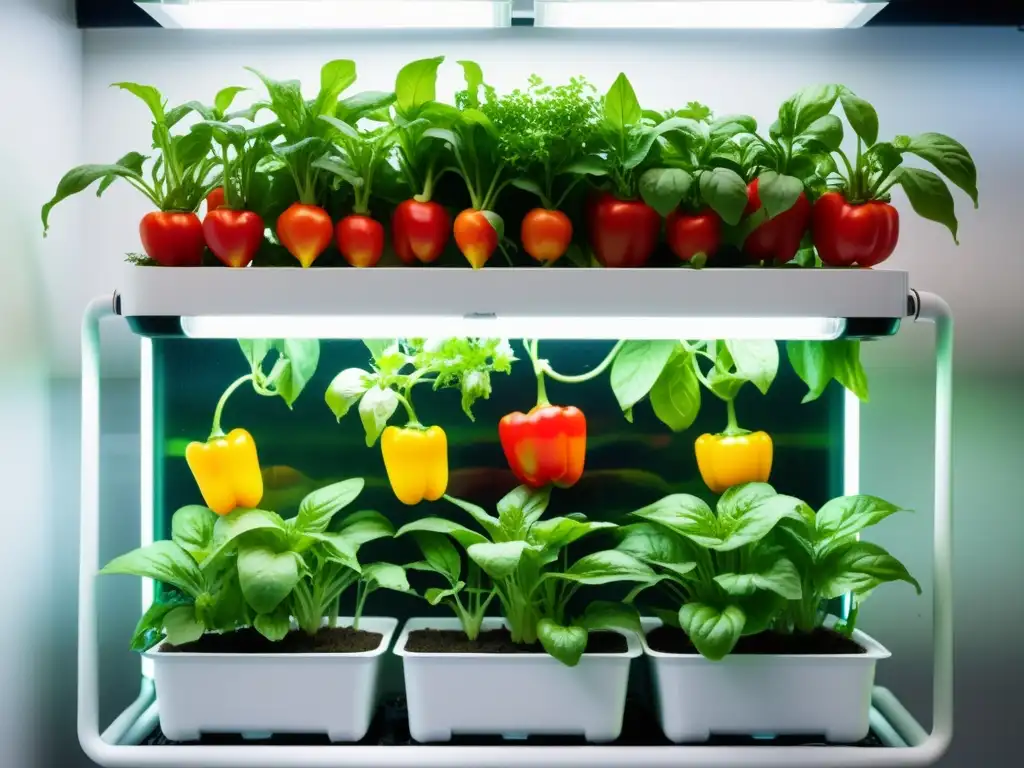 Diversificación de cultivos acuaponía urbanos: Sistema moderno y vibrante de plantas saludables en equilibrio ecológico